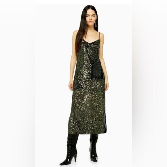 Topshop Army Green Sequin Midi Dress Size US 8 - Picture 1 of 6